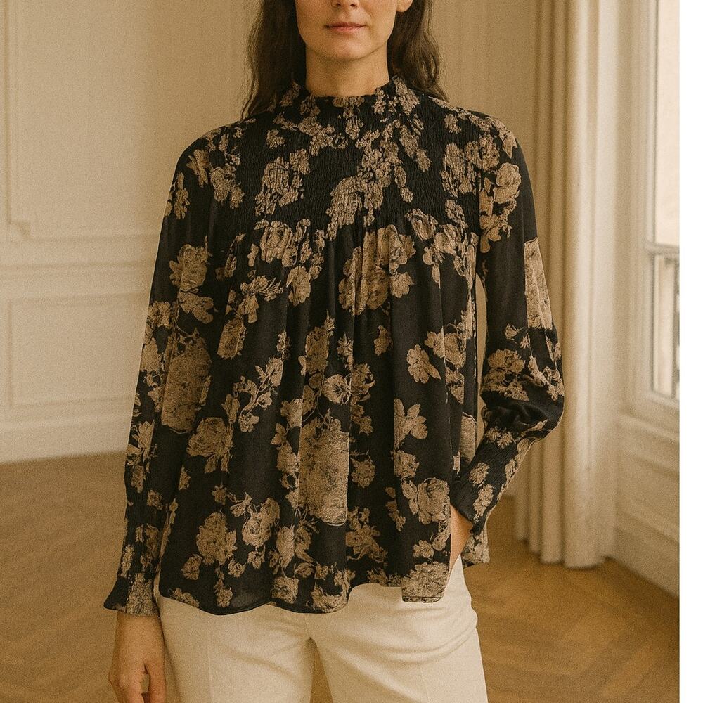 Mystree Smocked Floral Blouse Black Tan M NWT
